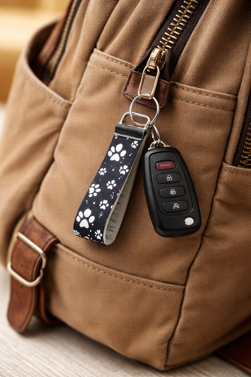 Black with White Paws Key Fob, Key Ring