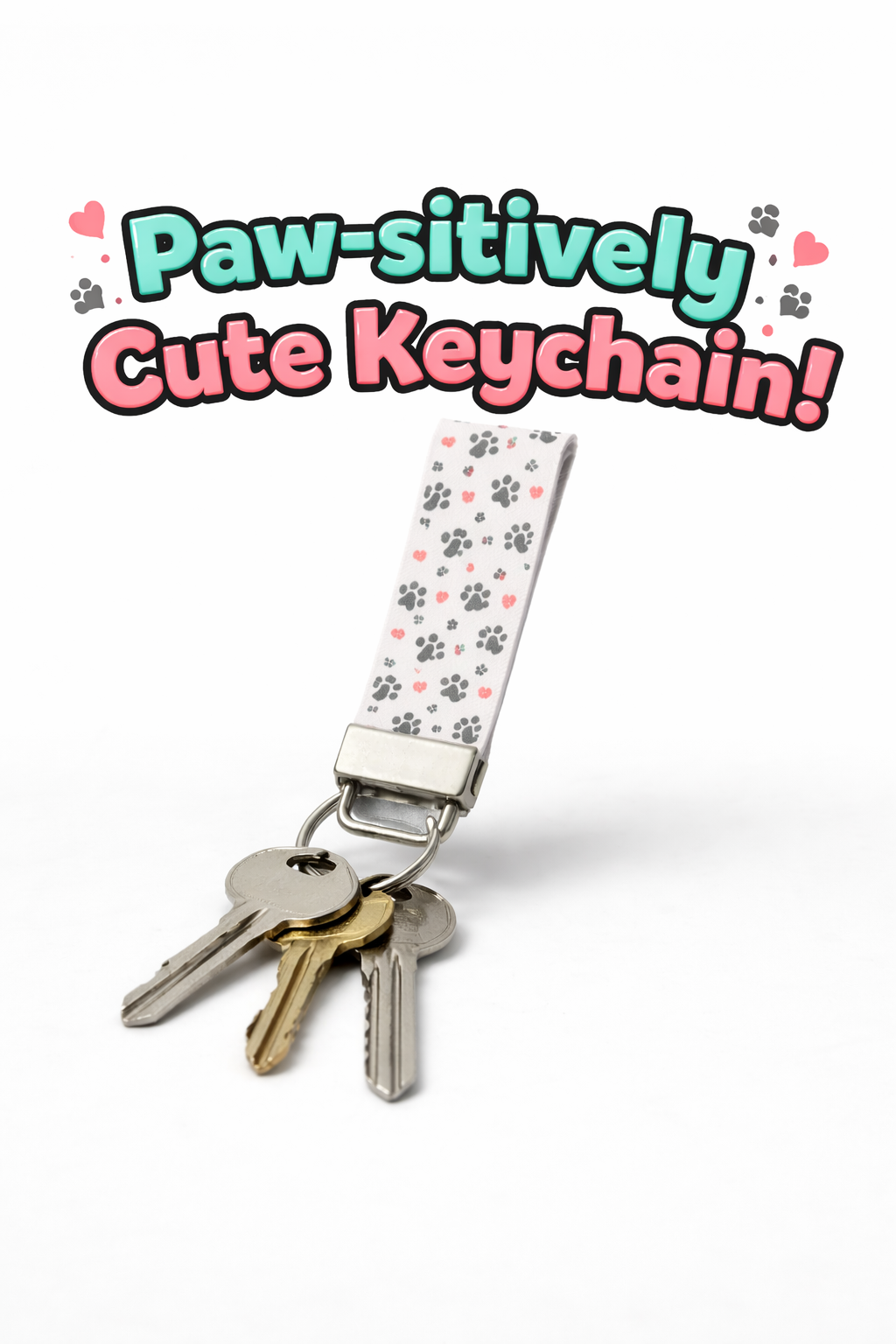 Paw Print and Red Hearts Faux Leather Key Fob Key Ring