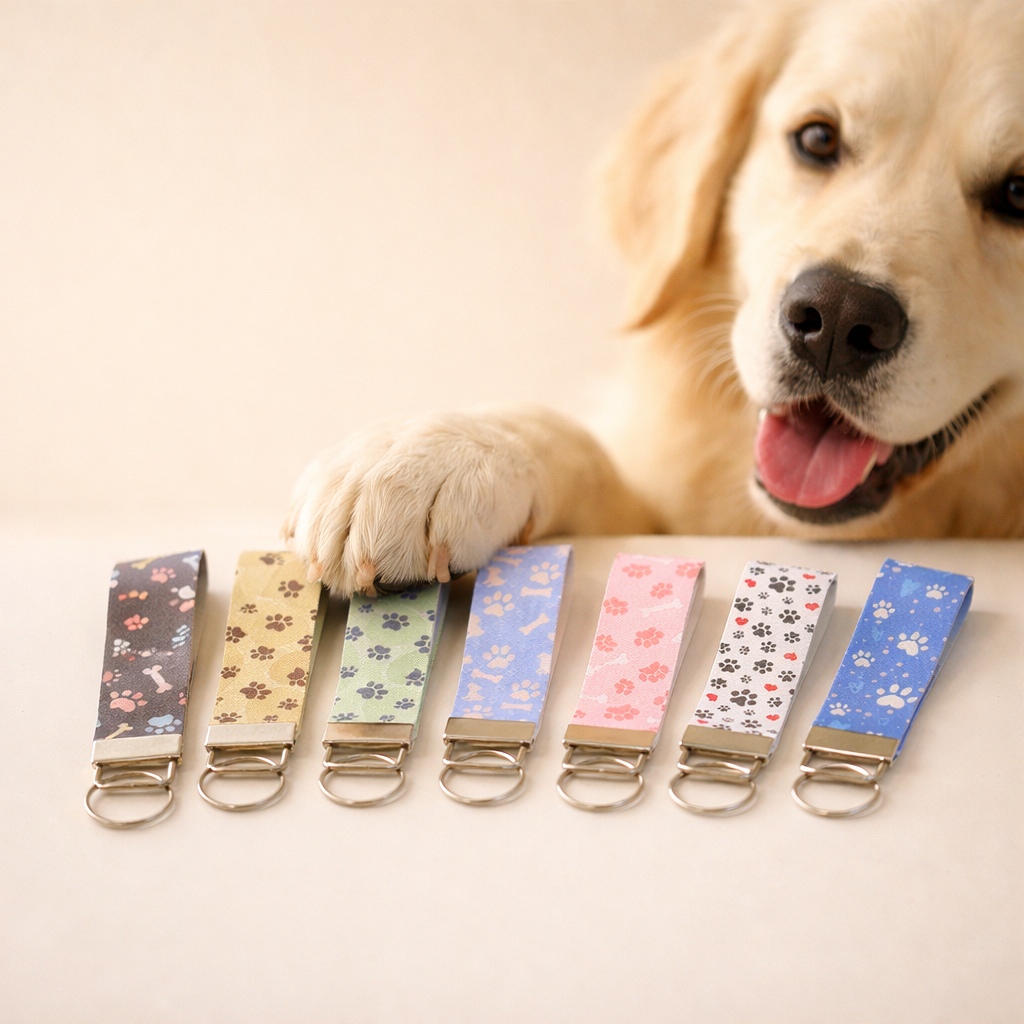 Blue Faux Leather Paw Print Key Fob Key Ring