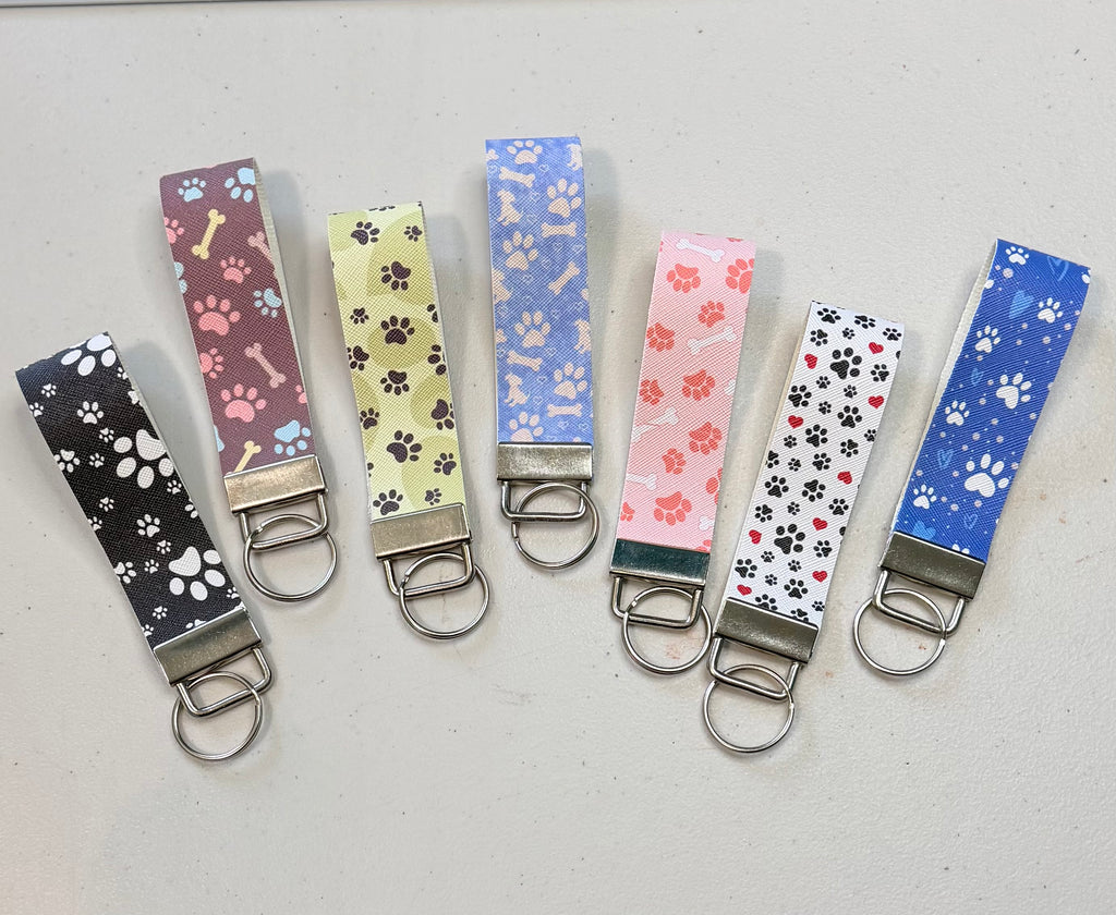 Paw Print and Red Hearts Faux Leather Key Fob Key Ring