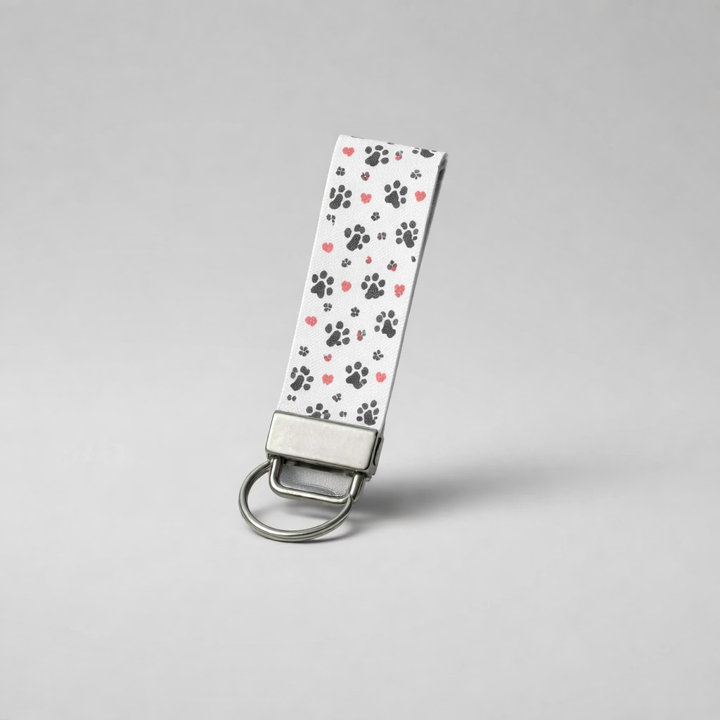 Paw Print and Red Hearts Faux Leather Key Fob Key Ring